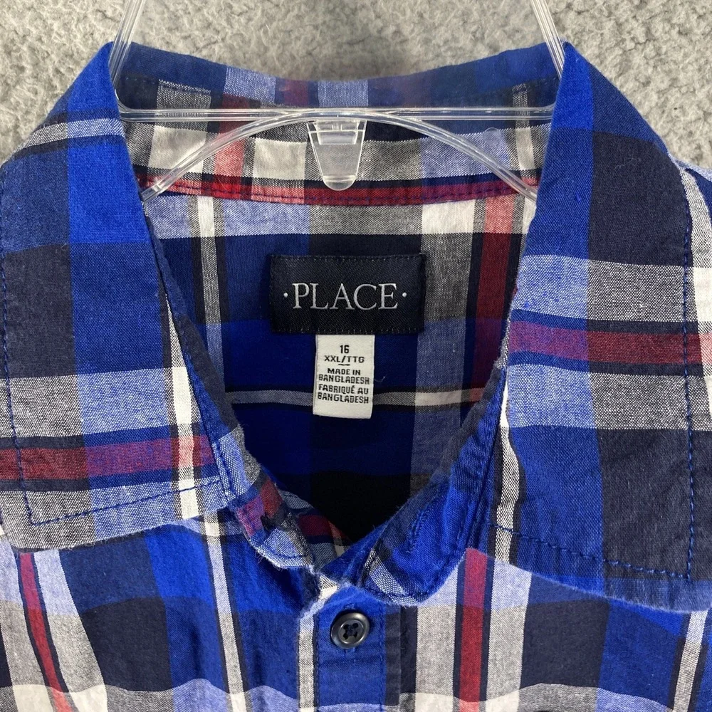 The Childrens Place Plaid Button Down Boys 16 XXL Blue Red White Cotton Shirt